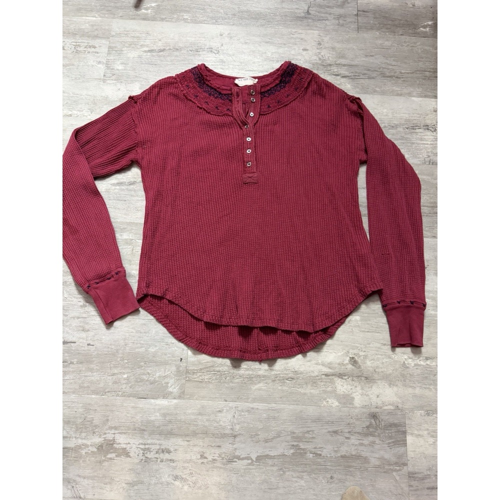 Free People Red Waffle Knit Henley Top Fair Isle Cuffs Boho Apres Size Xs A4006
